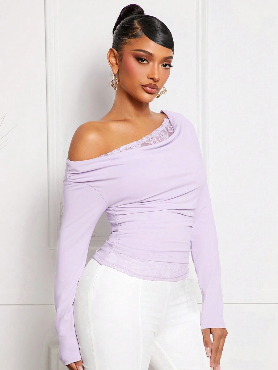 SHEIN SXY Elegant Lady Lace Panel Light Purple Shoulder T-Shirt - Mauve Purple - View 1