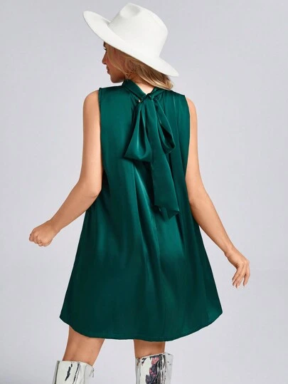 SHEIN LUNE 女士绿色缎面露背无袖短裙