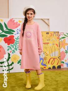 Tween Girls Casual Daily Letter Print Oversized Drop Shoulder Dress, Autumn - Pink - View 3