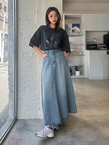 DAZY Women's Casual Washed Frayed Hem Denim Skirt