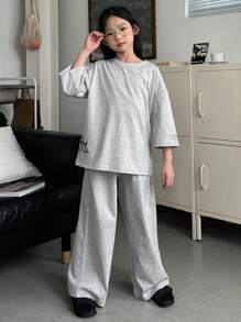 DAZY 2pcs/Set Tween Girl Round Neck Letter Print Short Sleeve T-Shirt + Pants Spring/Summer Outfit - Grey - View 2