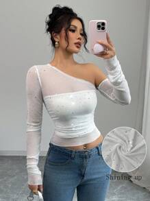 Chiquease Top en maille à encolure asymétrique avec décoration de sequins, mode automne
