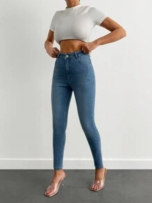 SHEIN PETITE 97% CottonHigh Wash Jacron Detailed Skinny Jean - Light Wash - View 1