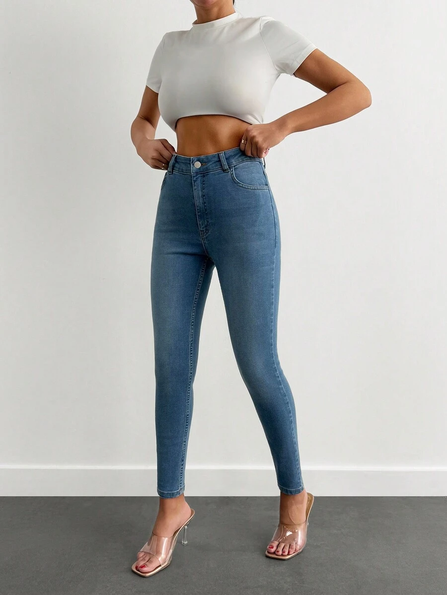 SHEIN PETITE 97% CottonHigh Wash Jacron Detailed Skinny Jean - Light Wash - View 1