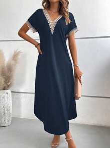 EMERY ROSE 花边蕾丝拼接开叉大腿 T 恤长款女装 - 藏蓝色 - 查看 3