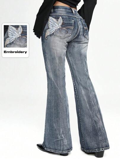 Grunge Punk Retro Butterfly Embroidered Flared Super Low Waist Jeans, Vintage Washed Denim Pants, Plus Size, Festival Style