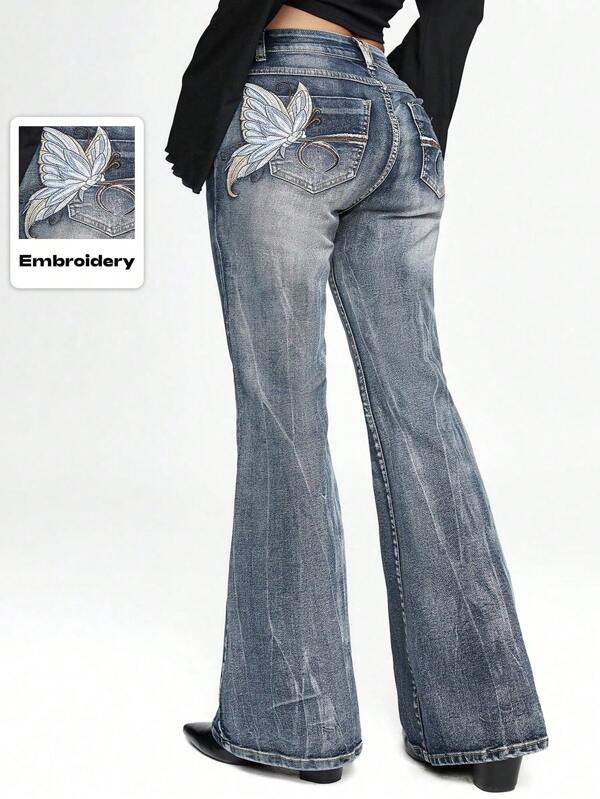 ROMWE Grunge Punk Retro Butterfly Embroidered Flared Jeans, Vintage Washed Denim Pants, Plus Size, Festival Style