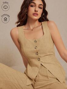 Poéselle 夏季亚麻西装背心两件套女士时尚纯色纽扣撞色无袖上衣和裤子套装穿着舒适面料透气柔软适合通勤日常度假穿着 - 卡其色 - 查看 2