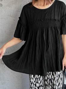 FRIFUL Top Preta Solta Plissada Feminina, Top de Verão - Preto - Visão 2