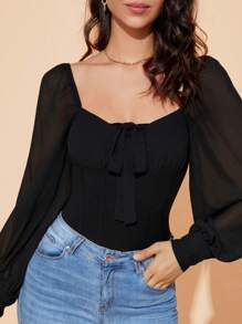 SHEIN BAE Blusa escote corazón con nudo delantero de gasa - Negro - Ver 2