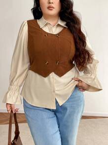 SHEIN Frenchy Plus Size Women Color Block Patchwork Fitted Cardigan, Retro College Style - Khaki - View 8