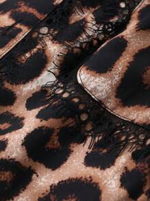 DAZY Leopard Print Lace Patchwork Short Sleeve Shorts Pajama Set - Coffee Brown - View 7