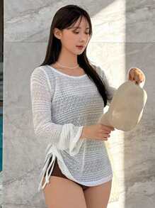 DAZY Women's Solid Color Round Neck Long Sleeve Casual Cover Up Top, Suitable For Vacation, For Summer Beach Sheer - White - View 4