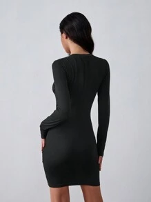 Lumivelle Black Tight Fit Elastic Knit Dress With Metal Decor, Bodycon - Black - View 2