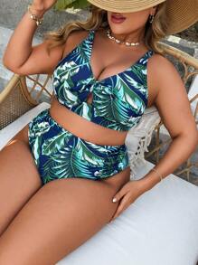 Swim Lushoire 夏季大码女式两件套花卉印花分体宽肩带性感泳装高腰三角内裤简约泳装 - 彩色 - 查看 4