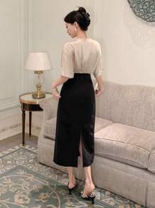 DAZY V 领拼色褶皱中长连衣裙，适合女士舞会礼服，优雅太阳裙，正式女士连衣裙 - 黑色 - 查看 2