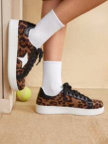 CUCCOO EASI Zapatillas de deporte con cordones de estampado de leopardo de moda informal para mujer - Marrón - Ver 4