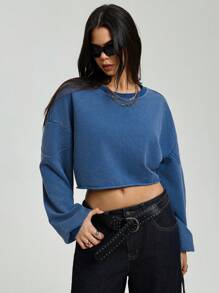 StreetHx Sudadera suelta de corte caja de cuello redondo de unicolor y lavada para mujer