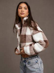 SHEIN Essnce Cazadora de cuadros de hombros caídos cremallera de franela - Multicolor - Ver 7