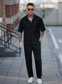 Manfinity CasualCool "Men's Casual Daily Wear: Beach Vacation Style, INS Matching Black Shirt Set With Delicate Waffle Knit Textured Jacquard. Features A Short Sleeve Long Pants Shirt Set With Button Placket Design. Perfect For Spring And Summer Refreshing Outfits, Suitable For Hawaiian Beach Vacations, And A Great Couple's Outfit For Valentine's Day, Making It An Ideal Gift For Boyfriends Or Husbands." Men Two Pieces Outfits , Outfit For Men Outfits For Men Men Shirt Co Ords