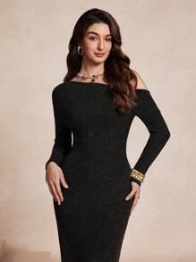 SHEIN Unity Women's Elegant Slim Fit Oblique Shoulder Casual Long Sleeve Dress - Black - View 5