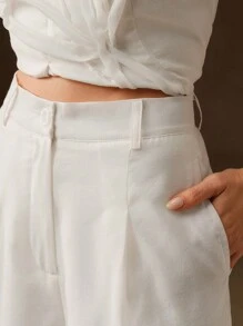 Anewsta Pantaloni di lino a vita alta, dritti, di nuova concezione per la primavera e l'estate, decorati a mano con fiori 3D, abiti pudici per donne - Bianco - Visualizzare 3