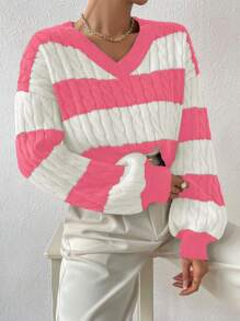 Calvaya Women's V-Neck Long Sleeve Striped Minimalist Pullover Sweater, Casual Everyday Wear
