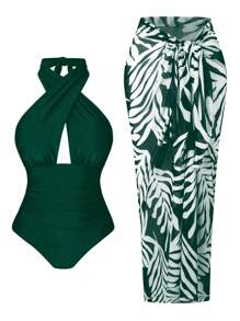 Swim Oasis Femme grande taille 2 pièces maillot de bain dos nu style col ras-du-cou avec jupe cache-maillot longue imprimée au hasard, ensemble tenue de plage d'été décontractée pour vacances