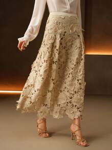 Anewsta Women Elegant Waist-Defining Jacquard Pattern A-Line Skirt, Versatile For Spring, Festival, Casual, Holiday, Beach - Khaki - View 3