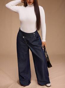 Forever 21 Plus Size Women Asymmetric Waist Pockets Wide Leg Loose Casual Jeans
