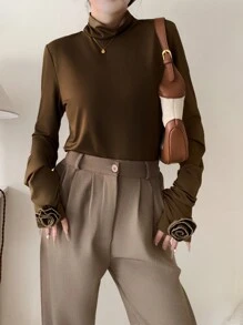 SHEIN Unity Women Solid Color Stand Collar Long Sleeve T-Shirt With 3D Floral Decoration, Casual Basic Top