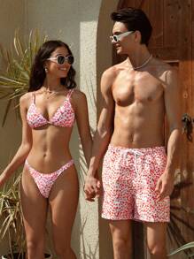 Manfinity VDAYZ Shorts casuales de playa con cordón en la cintura y estampado floral diminuto para novio, estilo hawaiano