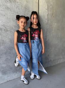 Conjunto de 2 piezas para niña preadolescente - Top de tirantes con gráfico de dibujos animados y falda efecto denim dividida, con estilo de moda y energía, apta para la escuela, viajes y todas las estaciones