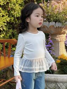 DAZY Young Girl Solid Color Mesh Patchwork Round Neck Long Sleeve Casual T-Shirt - White - View 2