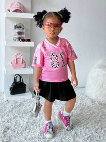 SHEIN Playful Pals 女婴婴儿豹纹印花数字图案足球球衣 T 恤，粉色和酒红色休闲运动街头服饰 - 玫紅色 - 查看 9