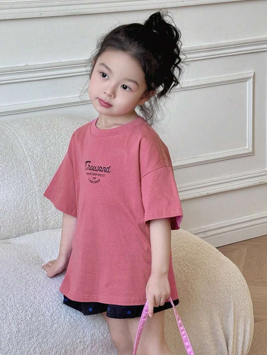 Dazy Kids Young Girl Letter Print Round Neck Loose Fit Drop Shoulder Casual T-Shirt Summer - Hot Pink - View 1