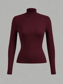 RueChic Women's Regular Fit Solid Color Knit Long Sleeve Crew Neck T-Shirt Tight Tops High Neck Top