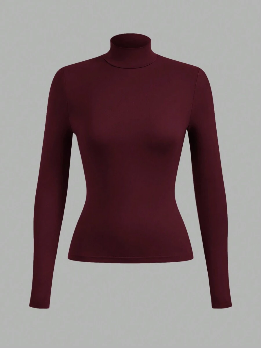 RueChic Women's Regular Fit Solid Color Knit Long Sleeve Crew Neck T-Shirt Tight Tops High Neck Top