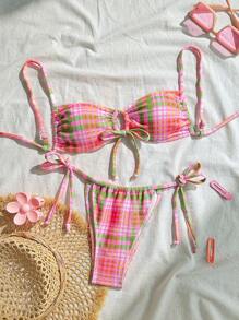Swim Mod Conjunto de bikini de dos piezas de ropa de playa para primavera de mujer, de tela con estampado único, con doble tira y lazo, para fiesta en la playa, en colores variados - Multicolor - Ver 1