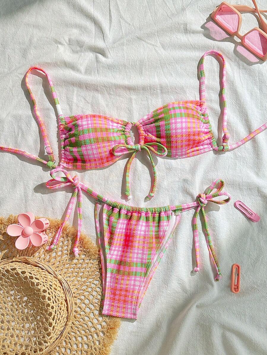 Swim Mod 春假女士多色休闲度假双肩带海滩派对蝴蝶结独特面料印花比基尼套装,两件套海滩服装泳装 - 彩色 - 查看 1