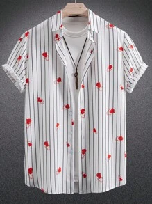 Manfinity Homme Camisa casual de manga corta de una sola botonadura con rayas en forma de corazón para hombre