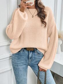 SHEIN LUNE Women's Solid Color Crew Neck Long Sleeve Casual Sweater - Dusty Pink - View 3