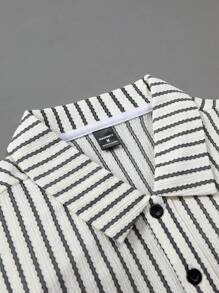 Manfinity Homme Men's Front Button Short Sleeve Striped Minimalist Top And Shorts Casual Set, For Tennis - Black and White - View 4