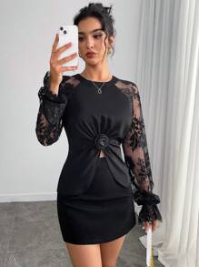 Chiquease Blusa de estilo francés para mujer con mangas largas, bordado floral, recortes de encaje y volantes