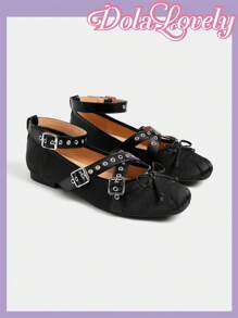 Dola Lovely Women's Spring New Cute Satin Blue Criss-Cross Metal Buckle Ballet Flats, Elegant Sweet Large Size Ladies Flat Shoes Spring Shoes Spring Break Easter For Christmas - Black - View 5