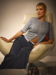 Athîral Women Solid Color Round Neck Short Sleeve Single Breasted Casual Top, Spring/Summer - Grey - View 3