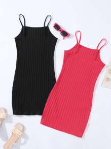 SHEIN Leap Crew Teen Girl 1 Get 1Free 2pcs/Set ,Rose Red,Black Ribbed Cami Bodycon Mini Dress - Multicolor - View 2