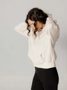 Aralina Oversized Cream Kangaroo Pocket Hoodie Sweatshirt With Headband - Khaki - View 5