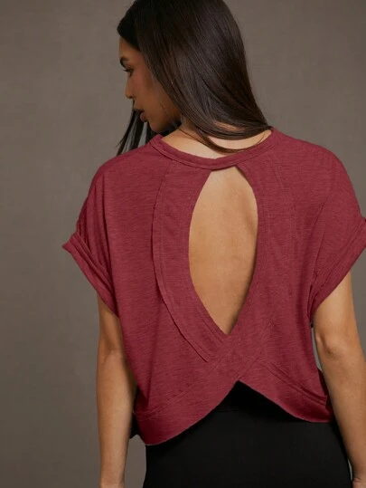 SHEIN Essnce Women's Solid Color Backless Crew Neck Casual Short Sleeve T-Shirt