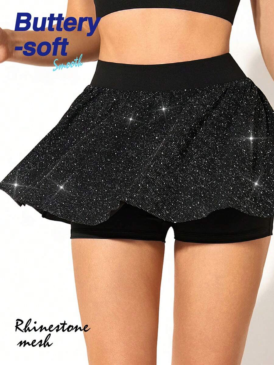 Cheerettes Fashionable Rhinestone Decorated Dance Training Sports Skirt Short Pants For Cheerleader Dance & Stage Athletic Skirt - Black - View 1